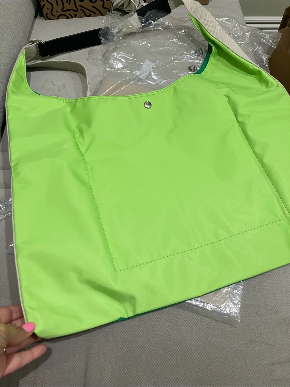NEW Longchamp Green canvas Shoulder Tote with Silver Snap - Picture 10 of 15